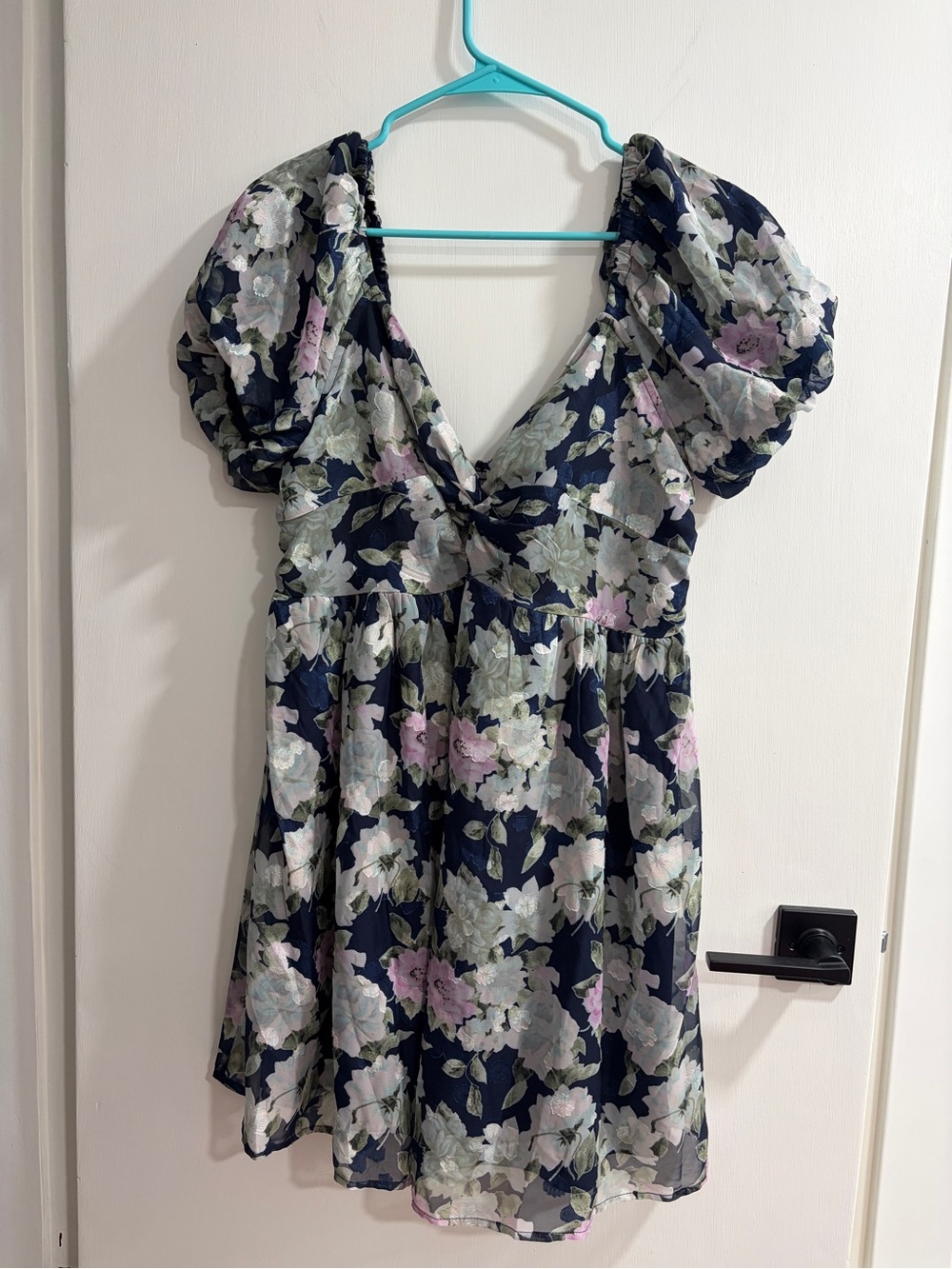 Lulu's Navy Floral Puff-Sleeve Baby Doll Dress